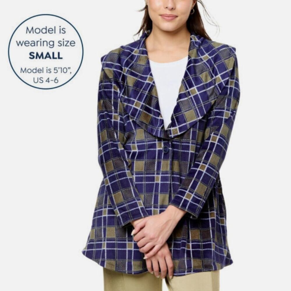 Retreat By Rhonda Shear Women's Plaid Cardigan Navy/green Plus Size 3X - Picture 2 of 4